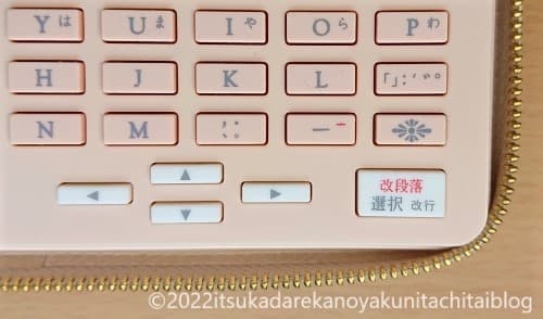 キングジム製であるラベルライター「テプラ」PRO SR-GL2(ガーリーテプラ2)の操作パネルの右下のボタンを紹介するための画像です。「方向(カーソル)キー」や「選択・改行」ボタン「絵・記号」ボタンが設置されています。