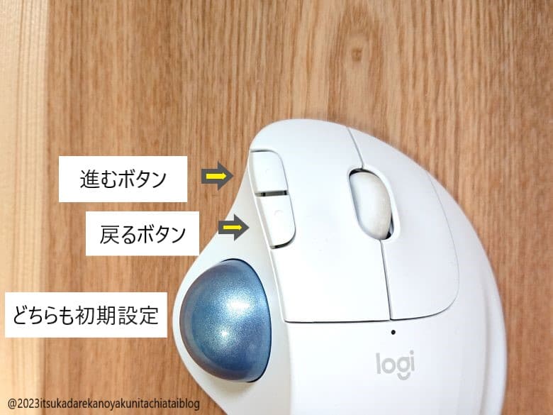 logicool製ワイヤレストラックボールマウス「ERGO　M575　オフホワイト」の戻る進むボタンの場所を伝えるための画像です。